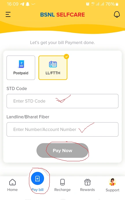 Pay BSNL Bill in Selfcare App