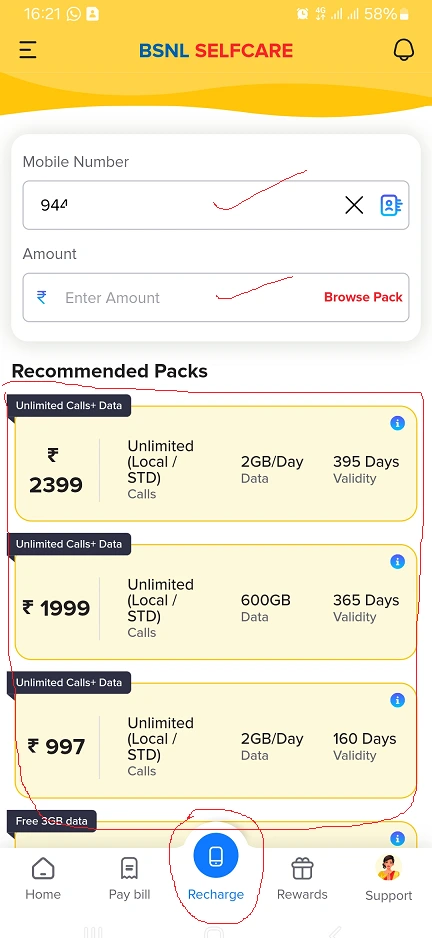 BSNL Recharge in Selfcare App